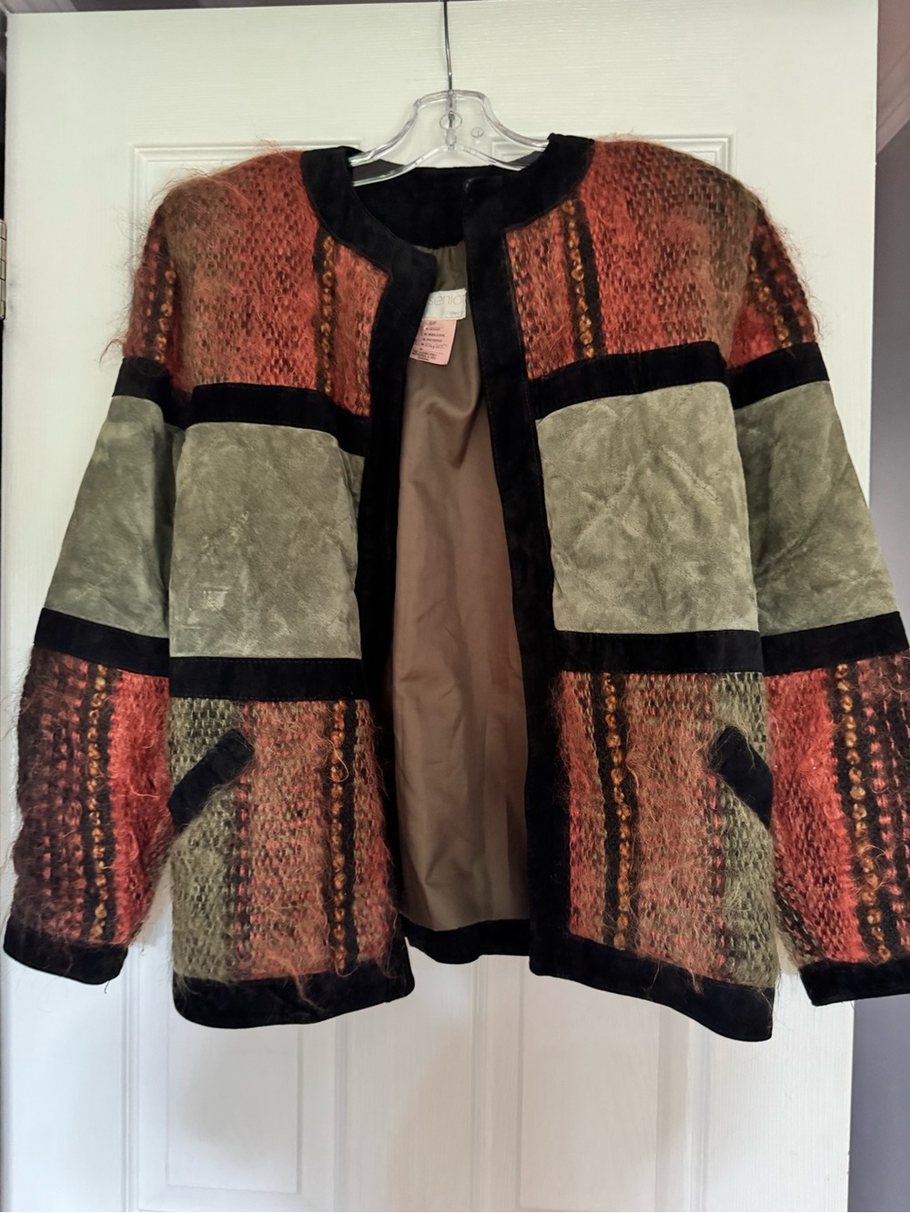 Suede & Mohair Patchwork Open Cardigan/Jacket - Burnt Orange & Olive Medium
